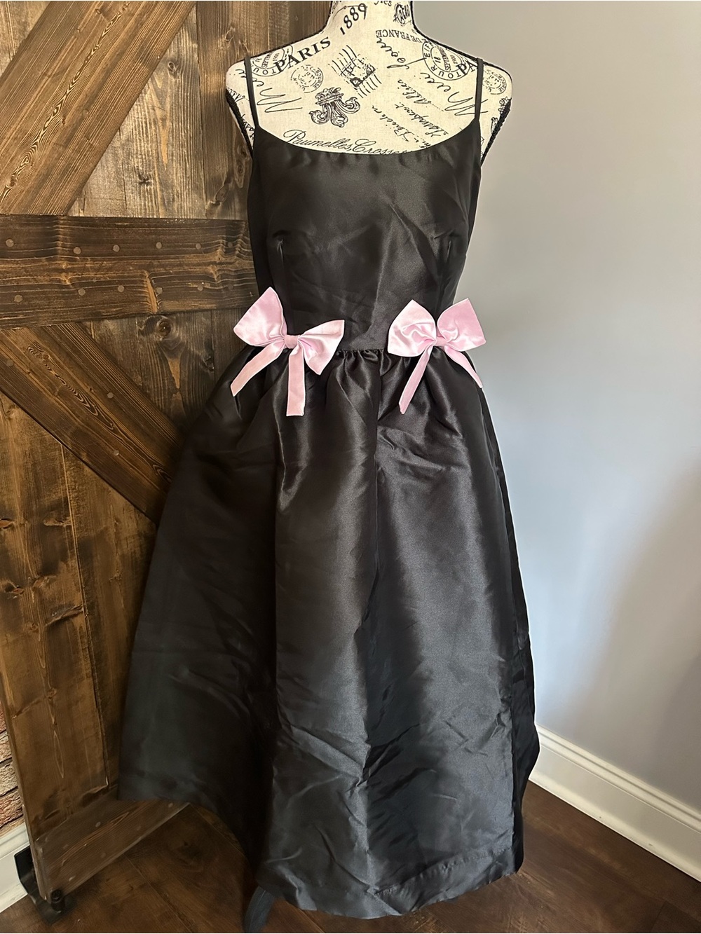 Black Satin Dress with Pink Bows